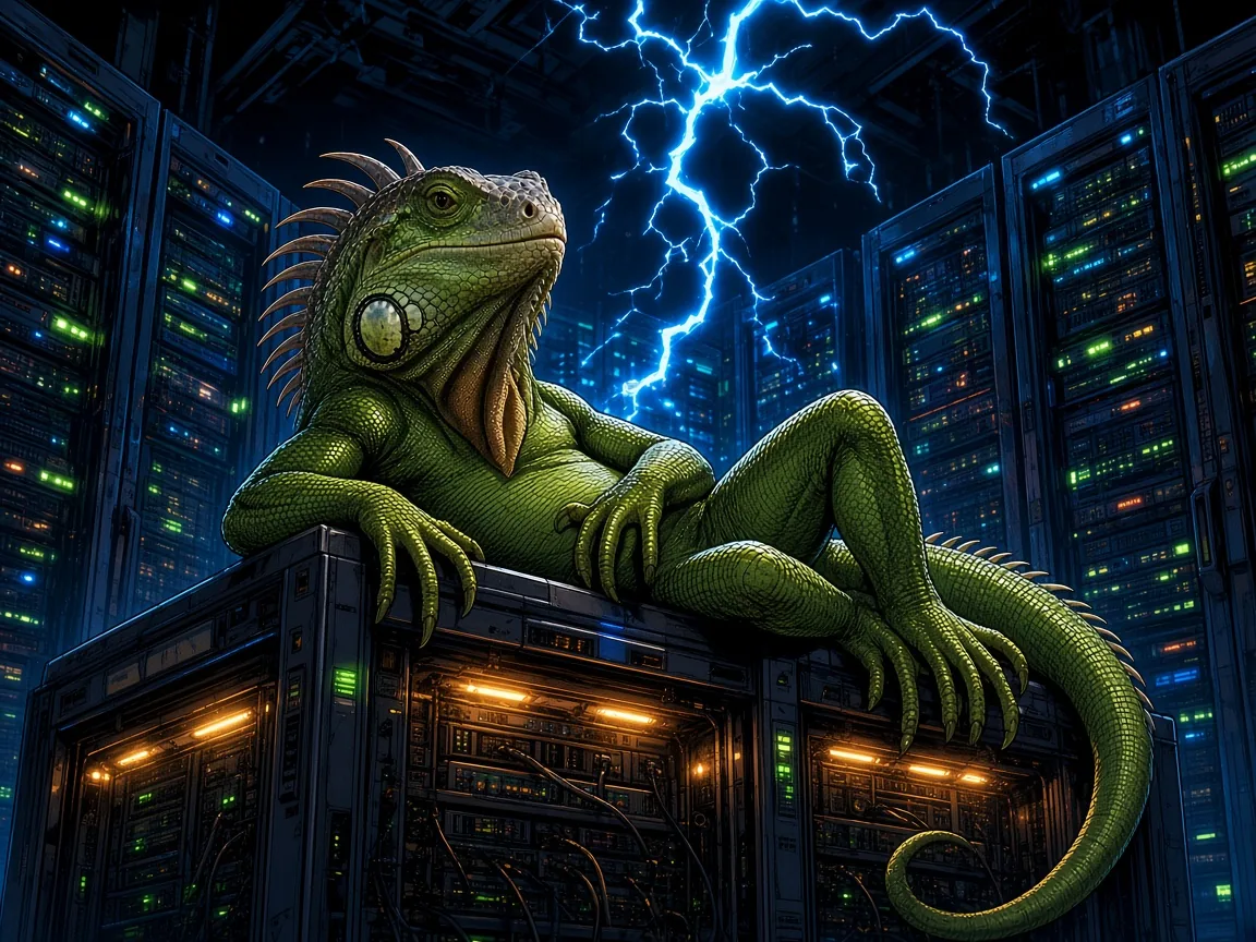 An ordinary iguana basking on a warm server rack