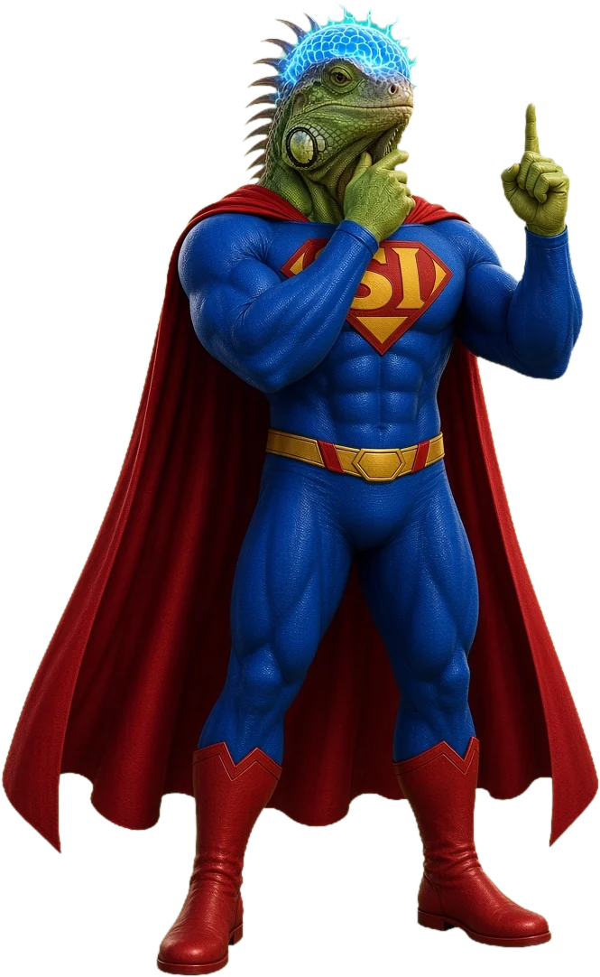 Super Iguana thinking with glowing brain
